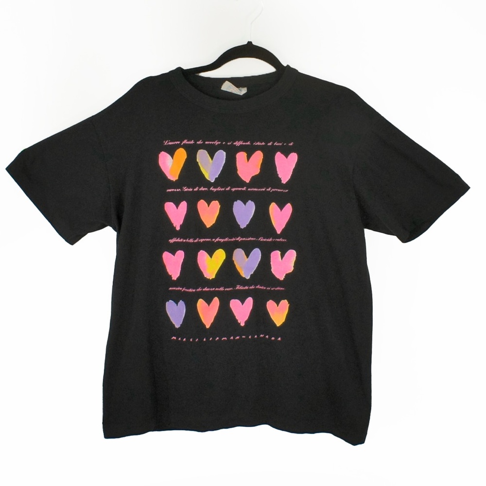 Vintage 80s Marci Lipman Heart Text Illustration Black Short Sleeve Shirt